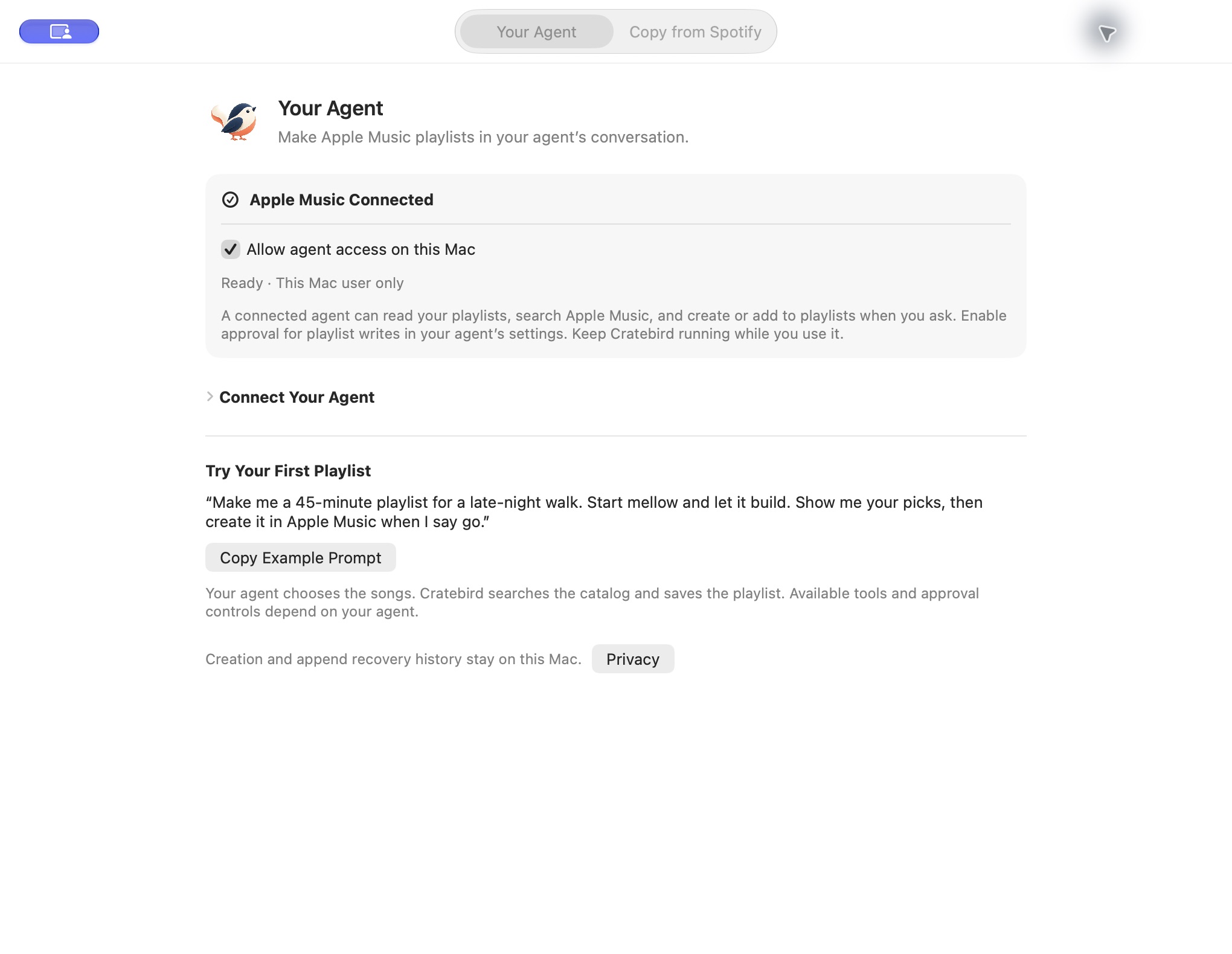 Cratebird running on Mac with a live Apple Music connection and agent tools available